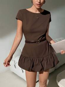 Lavishia Women's Elegant Coffee Brown Summer Short Sleeve Dress Ruffle Bud Hem,Business Casual Office Work Outfits,Formal Party Brunch Petite Clothing - Mocha Brown - View 7