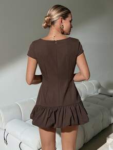 Lavishia Women's Elegant Coffee Brown Summer Short Sleeve Dress Ruffle Bud Hem,Business Casual Office Work Outfits,Formal Party Brunch Petite Clothing - Mocha Brown - View 2
