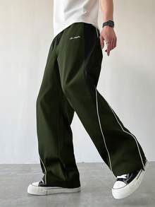 Manfinity EMRG Men's Casual Color Block Drawstring Straight Leg Pants, Loose Fit Long Black Patchwork Straight Leg Sweatpants For Outdoor - Army Green - View 4