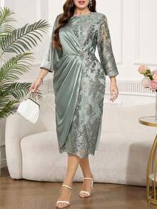 Ellevyn 大码女式提花圆领七分袖优雅褶裥连衣裙 - 綠色 - 查看 11