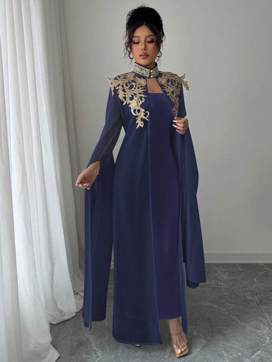 Rafferiza Women's Mandarin Collar Applique Split Long Sleeve Robe And Dress Fashionable Party Suit - Navy Blue - View 1