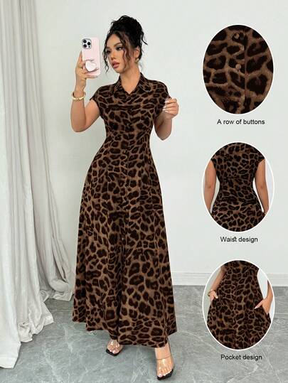 Rafferiza Đầm nữ thanh lịch họa tiết da báo, cổ bẻ, tay ngắn, cài cúc, eo.