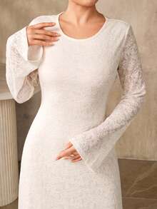 Graceveil 女士圆领蕾丝优雅收腰长款派对礼服，带袖长裙，招待会礼服，婚纱，白色蕾丝长裙，女士正式长裙，女士连衣裙，优雅经典 - 白色 - 查看 6