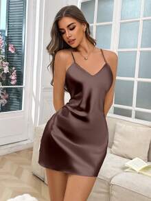 Crystal Vow Áo ngủ hai dây hở lưng gợi cảm bằng lụa giả với viền ren và dây chéo. - Cà phê nâu - Xem 6