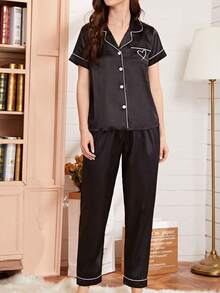 LuxeNights Satin Heart Print Pocket Contrast Piping Trim PJ Set / Pajama Set - Black - View 5