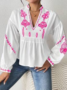 SHEIN LUNE Women's Shirred Graphic Print Long Sleeve Button Shirt Peplum Top Fall Cloth For Women - Hot Pink - View 3