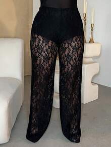 Dayanna Comas 女式 Y2k 性感西式女式低腰蕾丝喇叭裤，优雅时尚 - 黑色 - 查看 4