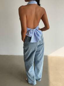 Aloruh 优雅度假风性感蓝白条纹衬衫，简约露背设计，适合办公室通勤穿着。 - 藍白色 - 查看 5