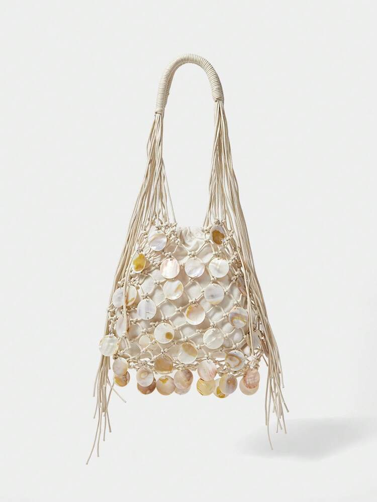 SHEIN Maija Ladies, Women Crochet Bag, Shoulder Bag, Hobo Bag, Hollow, Tassels, Fashionable, Elegant, Simple, Personalized, Versatile, For Beach, Vacation, Holiday, Summer, Seaside, Beach Party