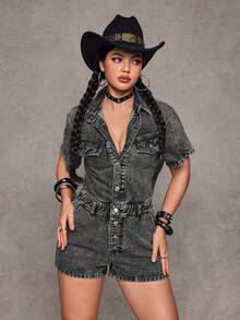 Jeanoix Y2K Women's Denim Bib Overalls - Light Grey - View 5