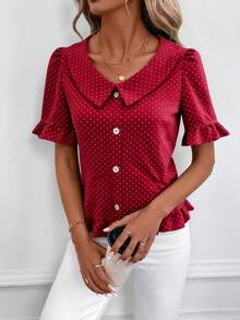 SHEIN Clasi 女款紅白波點夏季70年代復古襯衫，前開鈕扣泡泡短袖可愛上衣，休閒優雅拉鍊上衣適合約會，Zanzea服飾 - 彩色 - 查看 6