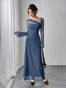Siren Gaze Women's Solid Color Ruffle Mesh Elegant Cinched Waist Dress For Party - Dusty Blue - View 6