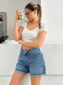 SHEIN 高腰卷边浅蓝色都市款牛仔女短裤 - 淺色水洗藍 - 查看 4