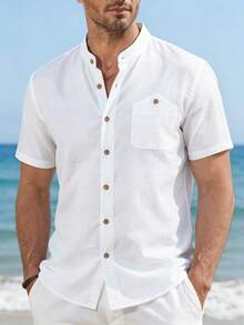 Manfinity RSRT Men's Stand Collar Shirt With Chest Pocket, Fashionable & Versatile For Daily Wear,Men Old Money,Daily Leisure, Weekend Trips, Outdoor Activities, Travel Expeditions, Relaxed Work Environments Or Semi-Formal Occasions, Boyfriend/Husband Gift, Anniversary /Birthday Gift Party Summer Vacation Holiday,Wedding,Spring To Summer,Easter Men White Short Sleeve Beach Shirts White Linen Shirt Men Men's Button Shirts Summer Men Resort Wear Greece Vacation Outfit Men - White - View 4
