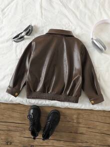 Genkimix Kids 年轻女孩宽松休闲夹克，时尚街头风格仿皮大衣 - 咖啡棕 - 查看 10