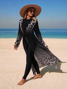 Swim Mulvari 3pcs Women's Middle Eastern Style Ombre Leopard Print Jumpsuit, Pants And Coverup Set, Elegant And Conservative Middle Eastern Design Burkini Swimwear - Black - View 4