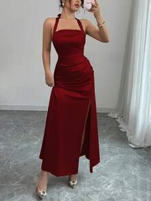 Rafferiza 优雅香槟色紧身吊带背心弹力缎面高开衩连衣裙 - 酒紅色 - 查看 3