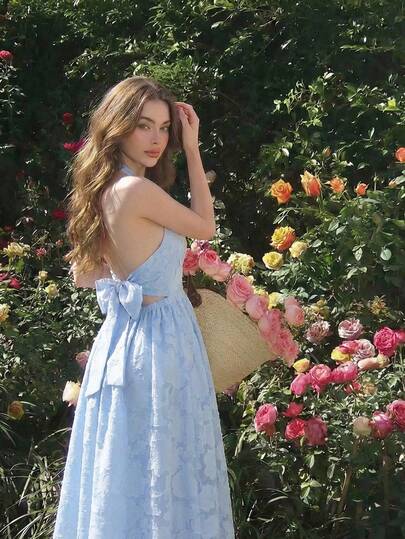 SHEIN MOD 女士纯色压花褶裥优雅吊带中长连衣裙