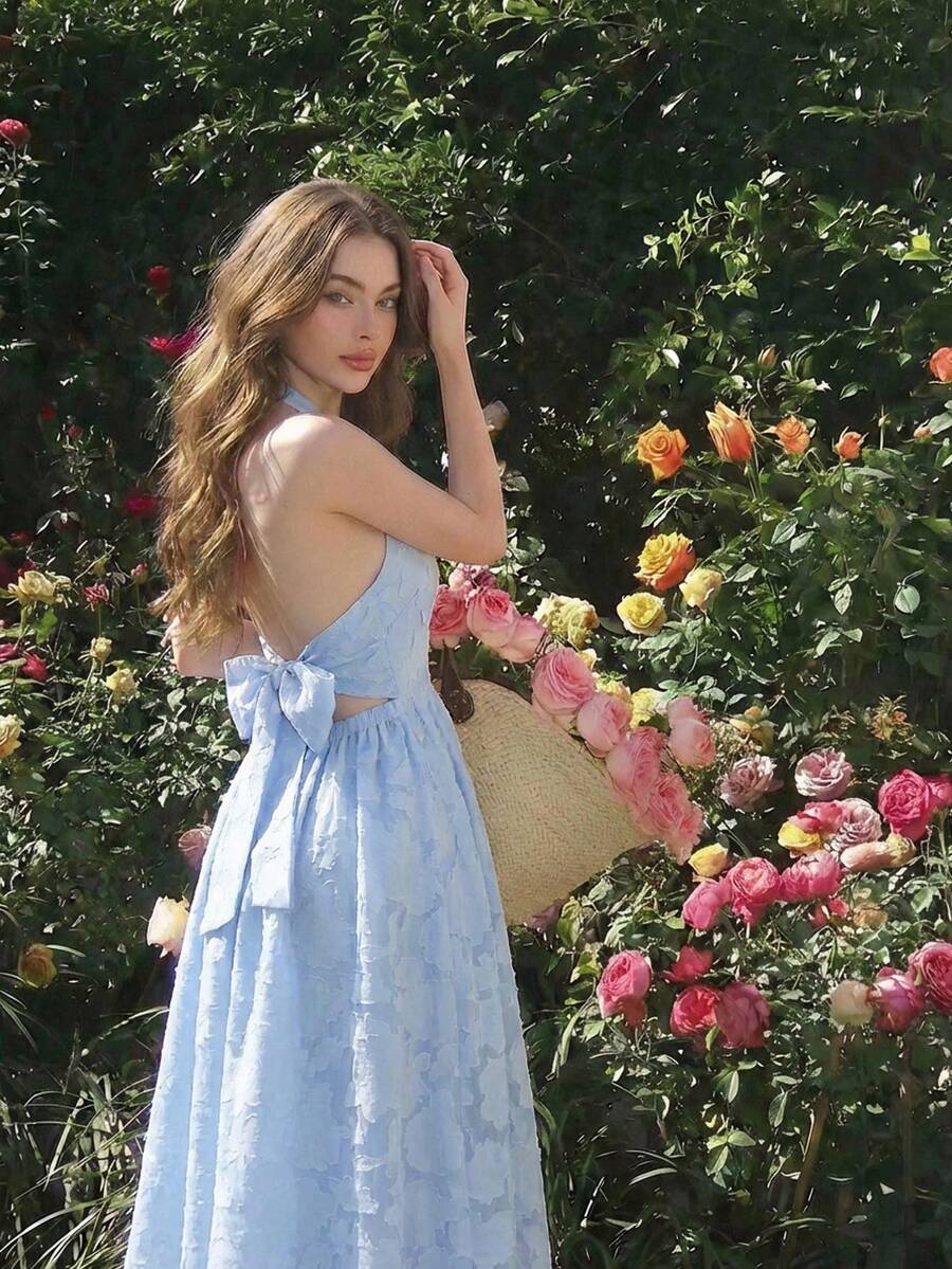 SHEIN MOD Damen Midi-Kleid mit Stehkragen, Plissee und Prägung in Unifarbe - Blau - Übersicht 1