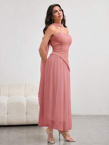 Modelyn 女士长款不对称荷叶边无肩带连衣裙，优雅魅力，浅黄色，春夏款 - 粉色 - 查看 6