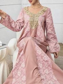 Al Najma 女士提花拼接优雅奢华阿拉伯传统长裙，2026新款穆斯林婚礼宾客礼服，最新款女士长袍，阿拉伯风格女士礼服，正式场合女士礼服，端庄优雅 - 粉色 - 查看 6