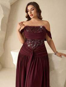 Coutiva Plus Size Women's Off-Shoulder Sequin Pleated Elegant Cinched Waist Formal Evening Gown - Burgundy - View 6