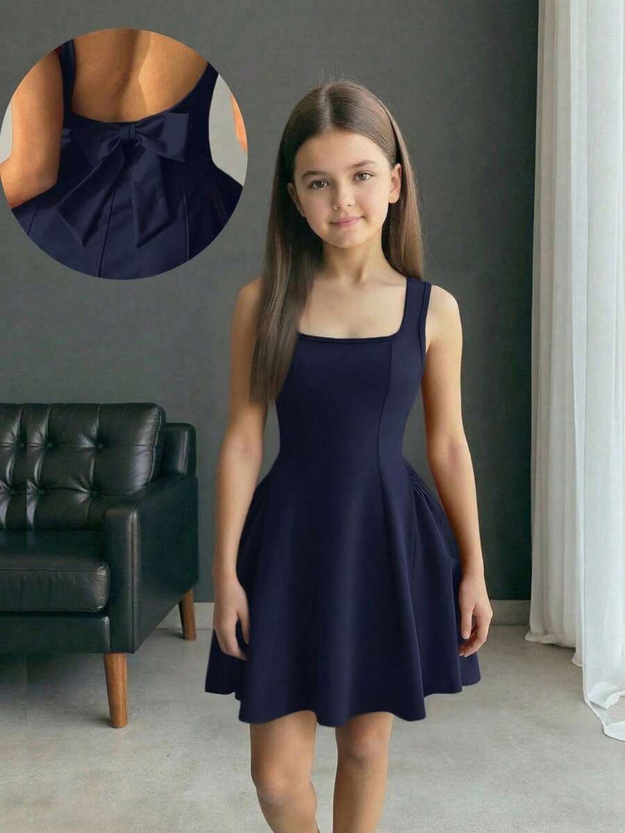 Firerie Kids 少女纯色蝴蝶结吊带连衣裙 - 藏蓝色 - 查看 1