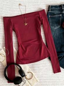 Glimmora Camiseta de manga larga con hombros descubiertos, estilo minimalista y de moda, regalo para amigos - Burdeos - Ver 2