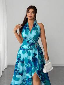 Elenzga Plus Size Women's Elegant V-Neck Floral Print Sexy Flowing Maxi Dress, Spring/Summer - Multicolor - View 7