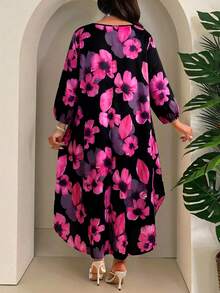SHEIN Lady 2026春夏新款优雅通勤办公休闲波西米亚风彩色编织圆领高低摆七分袖大码T恤 大码衬衫 波西米亚风上衣 工作上衣 海滩度假优雅女式上衣 波西米亚风大碎花海滨度假 - 彩色 - 查看 2