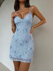Aloruh 女士优雅性感V领亮片刺绣修身派对迷你连衣裙 - 藍色 - 查看 9