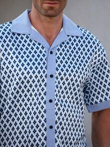 Manfinity Homme Bộ áo sơ mi và quần nam in họa tiết hình học phong cách thường ngày. - Màu xanh nhạt - Xem 3