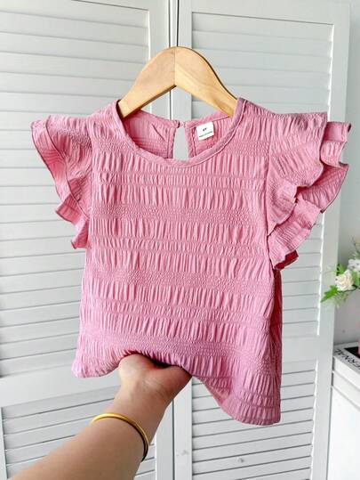 SHEIN LMoss Kids Young Girl Woven Solid Color Round Neck Ruffle Trim Casual Blouse, Girls Ruffle Top Pink Ruffle Sleeves Kids Kids Pink Top Pink Top For Girls Girls Pink Blouse Toddler Girl Pink Top Girls Pink Top Pink Top Kids,Kids