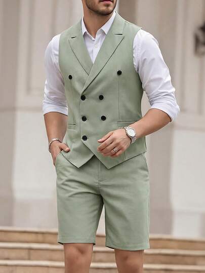 Manfinity Bizformal Men Light Green Double Breasted Waistcoat & Shorts Set/Men's Light Green Double Breasted Waistcoat & Shorts Set - Premium Linen Blend/Men's V-Neck Sleeveless Button-Down Vest And Slim-Fit Trousers Suit/#DoubleBreastedWaistcoat #PreppyStyle #GolfOutfit #BrunchOutfit #LinenBlend #SummerEssentials