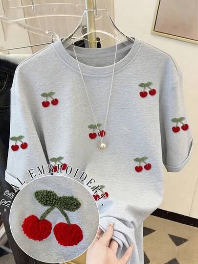 Resyla 女士休闲落肩圆领T恤，樱桃刺绣T恤，樱桃毛巾刺绣T恤，休闲舒适户外T恤，四季皆宜T恤，水果T恤