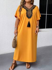 EMERY ROSE Đầm dài thường ngày rộng rãi họa tiết tua rua hoa cổ chữ V cho nữ - Màu vàng - Xem 5