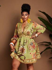 Plus Size Women Floral Print Deep V-Neck Lantern Sleeve Dress, Vacation - Multicolor - View 1