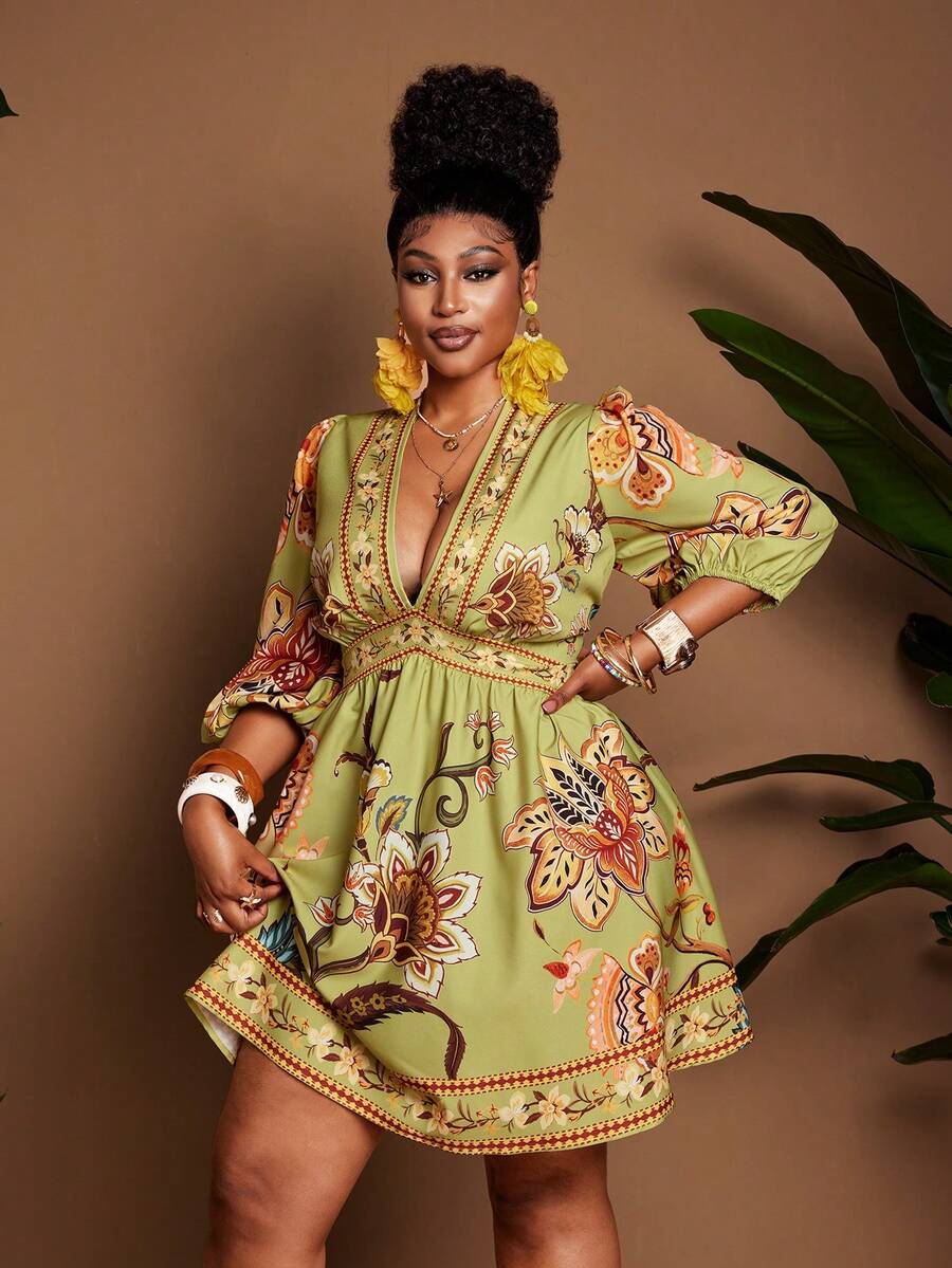 Plus Size Women Floral Print Deep V-Neck Lantern Sleeve Dress, Vacation - Multicolor - View 1