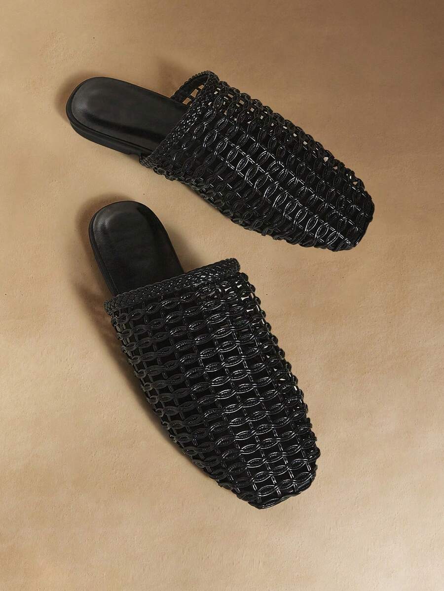 Rosivie 女士新款时尚编织镂空平底方头乐福鞋 - 黑色 - 查看 1