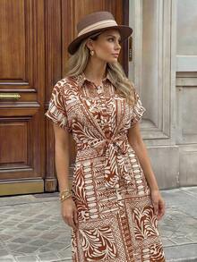 Hansera Vestido casual de manga corta con estampado francés todo sobre para mujer - Marrón - Ver 3