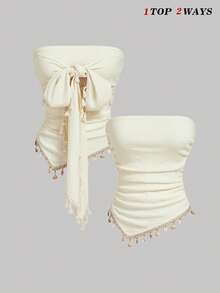 SHEIN MOD 女士抹胸上衣，带流苏系带下摆 - 杏色 - 查看 2