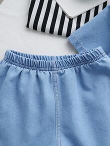 SHEIN Boys Baby Blue 3 Piece Summer Outfit Set, Vintage Denim Shirt Tee & Shorts Casual Wear For Daily Holiday Outdoor - Light Wash - View 6