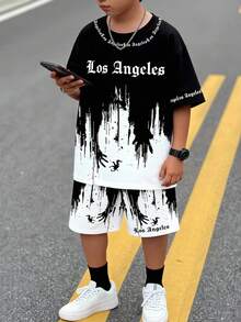 男童休闲时尚创意个性清新简约洛杉矶渐变色字母标语印花短袖T恤和短裤套装，舒适日常穿着，适合春、夏、秋季。 - 彩色 - 查看 6