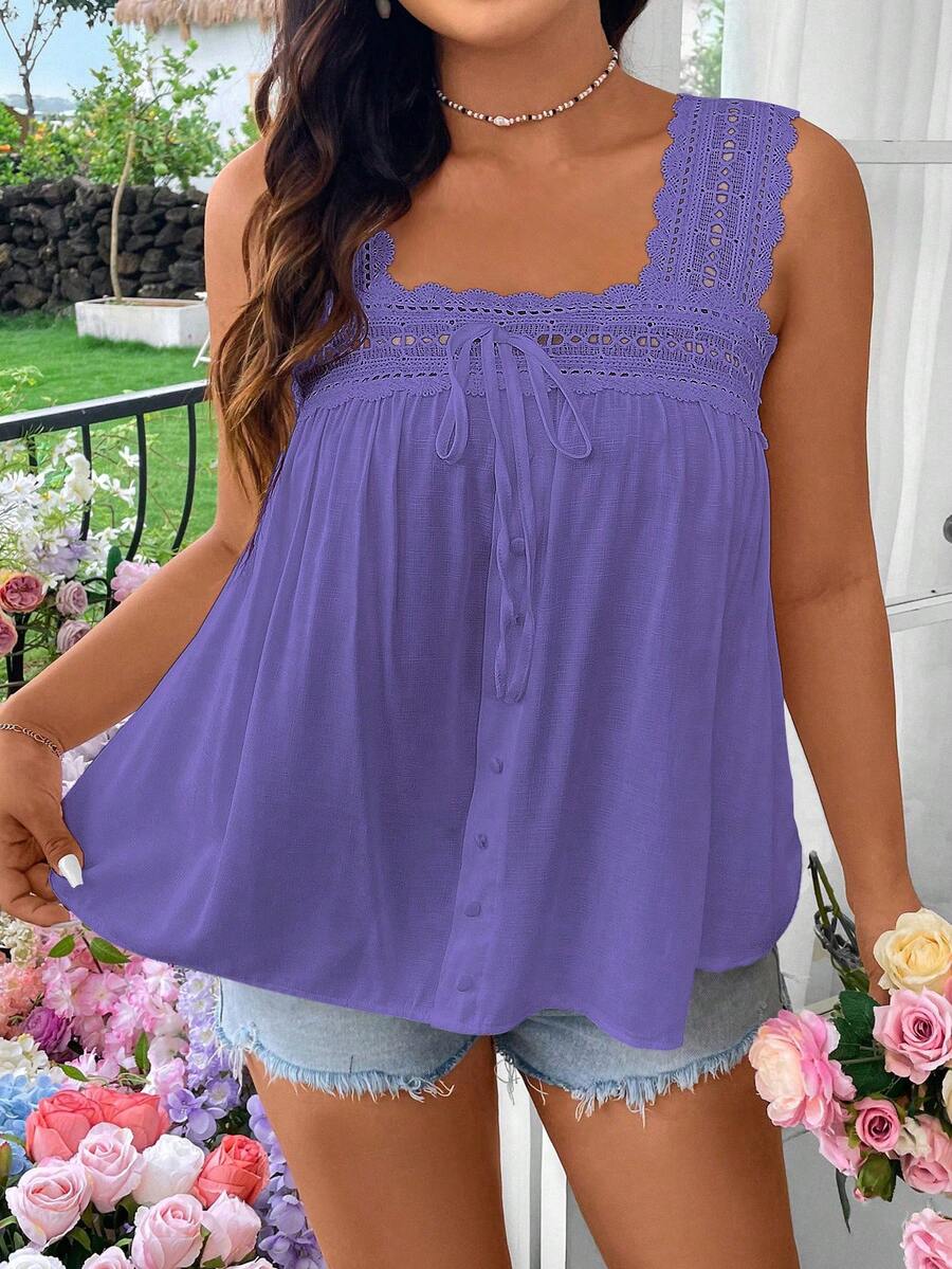 Flirla Plus Size Summer Casual Lace Patchwork Sleeveless Shirt - Purple - View 1