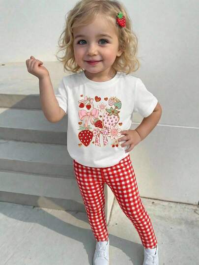 Souflis Souflis Set de 2 piezas de ropa para niña, camiseta de manga corta con estampado dulce y lindo de fresa, moño y floral, y leggings a cuadros rojos y blancos, adecuado para salidas en primavera/verano