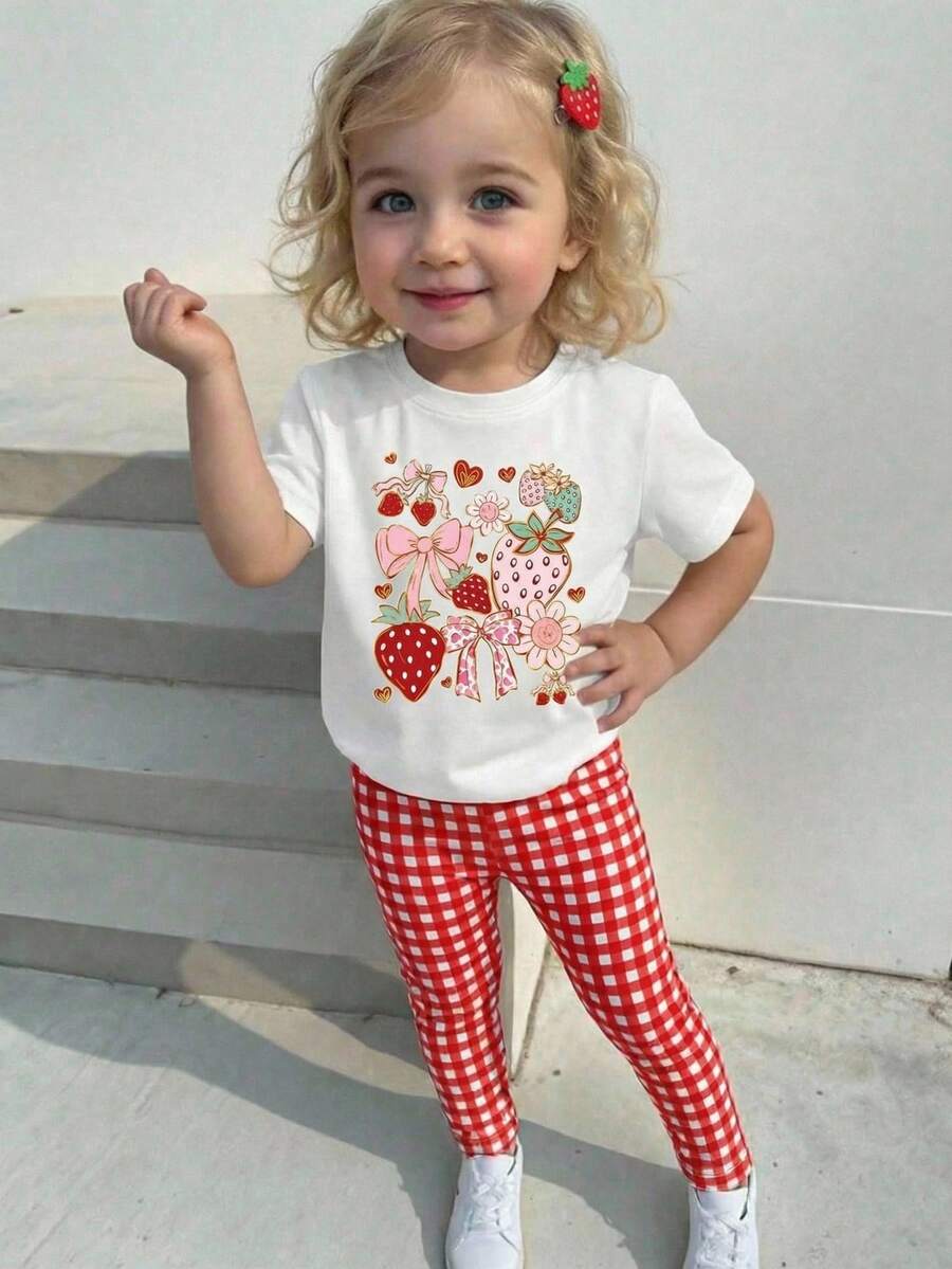 Souflis Souflis 2pcs/Set Baby Girl Outfit, Sweet & Cute Strawberry, Bow, Floral Print Short Sleeve T-Shirt And Red White Plaid Print Leggings, Suitable For Outings In Spring/Summer - Multicolor - View 1