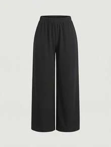 SHEIN EZwear Quần ống đứng xẻ tà màu trơn dành cho nữ cỡ lớn, quần ống đứng dáng suông màu đen, quần ống rộng công sở cạp cao, quần ống rộng nữ, quần ống rộng dự tiệc. - màu đen - Xem 2
