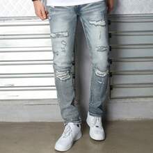 Logeqi® Jeans Rectos de estilo Rockero Vaqueros Lavados Rectos desgastados Casual Formal con Bolsos De Hombre - Azul - Ver 12