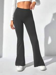 SHEIN Velisys 3件套女士黑色、深灰色、浅灰色无缝弹力高腰褶皱瑜伽喇叭裤，适合跑步、骑行、健身、户外休闲穿着，春夏秋冬皆宜。 - 彩色 - 查看 4