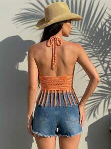 Zyxie 女士度假条纹流苏下摆性感吊带针织上衣 - 橘色 - 查看 2